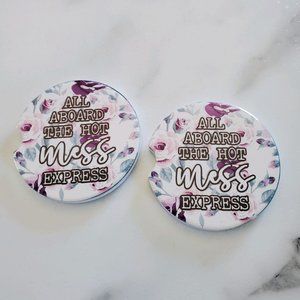 Set Of 2 Ceramic Car Coasters Funny Hot Mess
